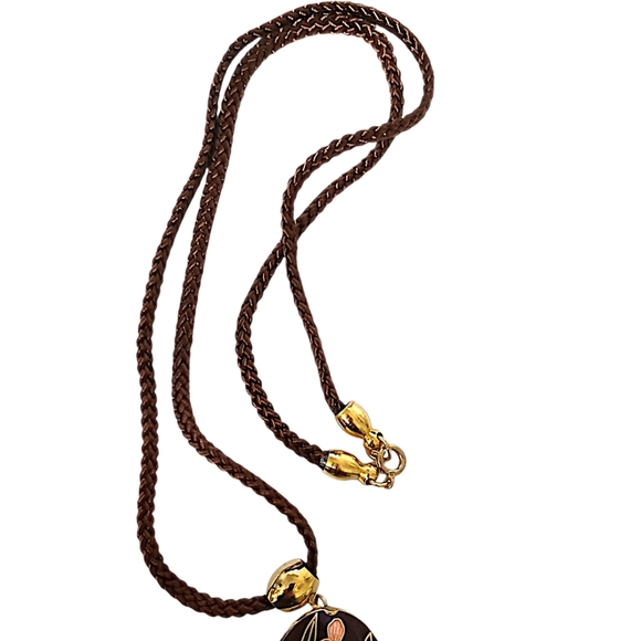 Vtg Cloisonne‎ Tassel Butterfly Necklace 70s Pendant Woven Cord Brown Dual Sided - Picture 2 of 16